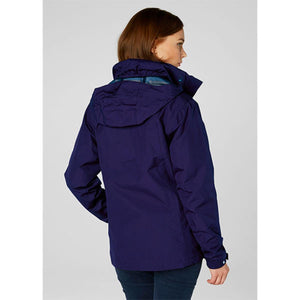Back view of a Helly Hansen navy blue rain jacket with a hood