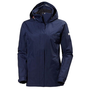 Helly Hansen navy blue hooded rain jacket with front zipper and Helly Hansen logo