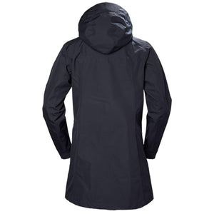 Back view of Helly Hansen navy blue hooded rain jacket