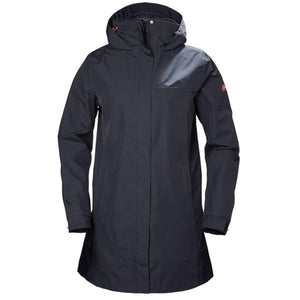 Helly Hansen black hooded rain jacket with front zipper and button closure