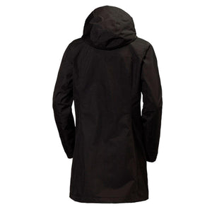 Back view of a black Helly Hansen hooded rain jacket