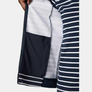 Interior view of a Helly Hansen striped zip up jacket showing the fleece lining and pocket
