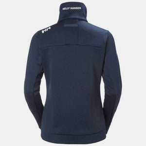 Back view of navy Helly Hansen fleece jacket with brand logo on collar and shoulder
