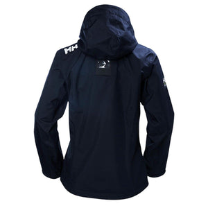 Back view of a navy Helly Hansen hooded rain jacket with HH logo on the shoulder