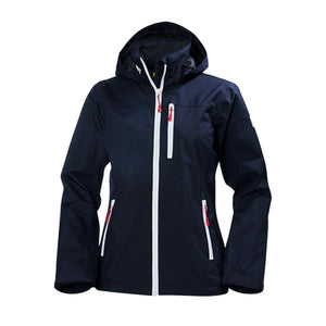 Helly Hansen navy blue hooded softshell jacket with white zippers and red pull tabs