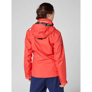 Back view of a person wearing a red Helly Hansen hooded jacket