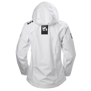 Back view of a white Helly Hansen hooded jacket with black logo details