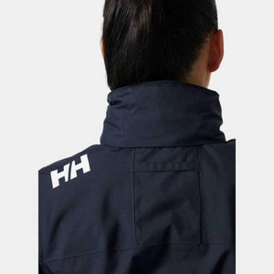 Back view of navy Helly Hansen jacket collar with white HH logo on shoulder