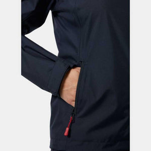 Close up of navy jacket side pocket with red zipper pull