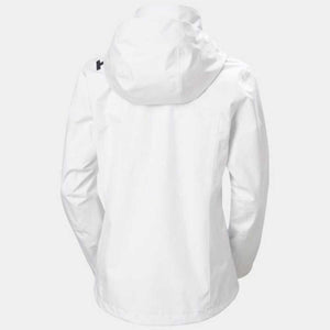 Back view of a white Helly Hansen hooded rain jacket