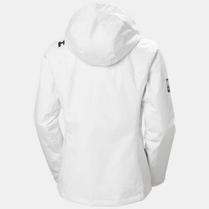 Back view of a white Helly Hansen hooded ski jacket