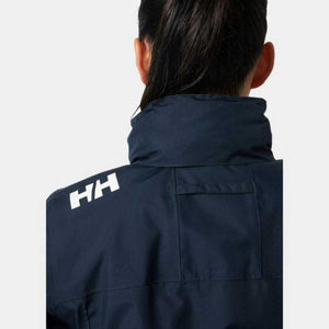 Back view of a navy Helly Hansen jacket with white HH logo on the shoulder