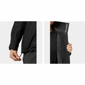 Helly Hansen black jacket showing adjustable hem cord and interior chest pocket