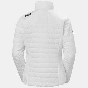 Back view of a white Helly Hansen quilted jacket with black HH logo on the shoulder