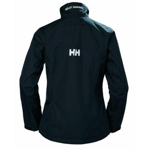 Back view of a navy Helly Hansen jacket with white logo on the collar and back