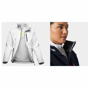 Helly Hansen white softshell jacket with black zipper details and branding