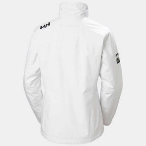 Back view of a white Helly Hansen jacket with black HH logo on the shoulder