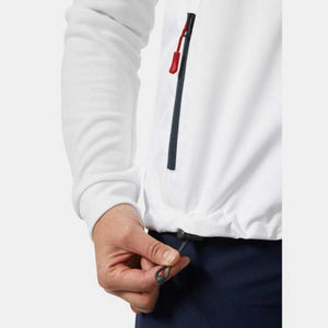 Close up of white jacket with vertical chest zipper and adjustable hem drawstring
