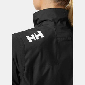Back view of black Helly Hansen jacket with white HH logo on shoulder