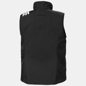 Back view of a black Helly Hansen softshell vest with white HH logo on the shoulder