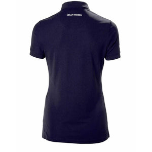 Back view of a navy Helly Hansen short sleeve polo shirt with brand logo on the collar