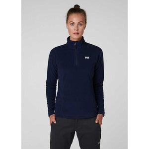Woman wearing a navy Helly Hansen quarter zip fleece pullover