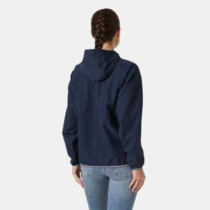 Back view of a person wearing a navy blue Helly Hansen hooded jacket with white trim at the hem