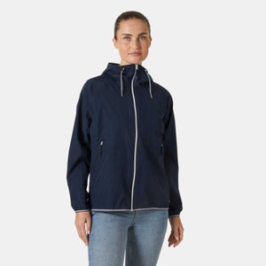 Woman wearing a navy blue hooded windbreaker jacket with white zipper detail