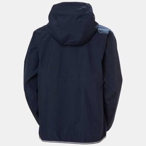 Back view of a navy blue Helly Hansen hooded rain jacket