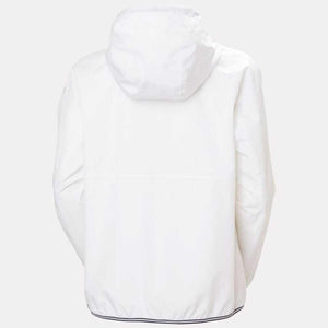 Back view of a white Helly Hansen hooded rain jacket