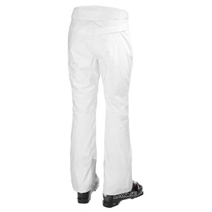 Back view of white Helly Hansen ski pants worn with ski boots
