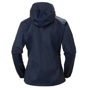 Back view of a navy blue Helly Hansen hooded rain jacket