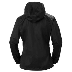 Back view of a black Helly Hansen hooded rain jacket