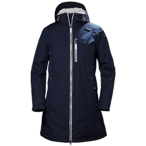 Helly Hansen navy blue hooded long rain jacket with white zipper details