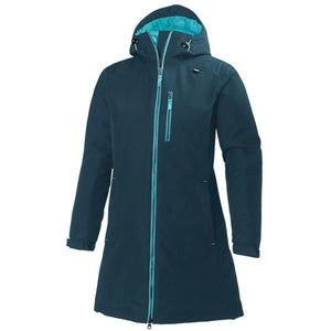 Helly Hansen dark teal hooded rain jacket with bright blue zipper details
