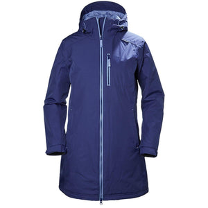Helly Hansen blue hooded insulated parka with front zipper and chest pocket