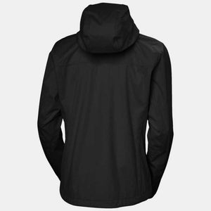 Back view of a black hooded rain jacket