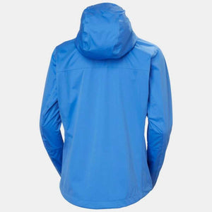 Back view of a blue Helly Hansen hooded rain jacket
