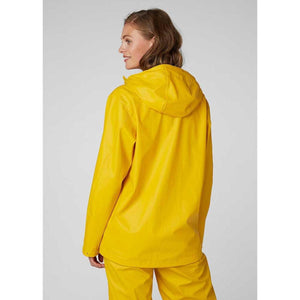 Woman wearing a yellow hooded Helly Hansen rain jacket