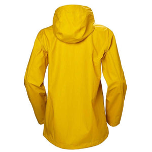 Back view of a yellow Helly Hansen rain jacket with a hood