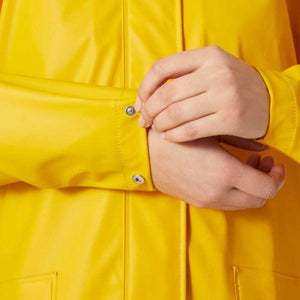 Close up of Helly Hansen yellow raincoat sleeve with metal snap buttons