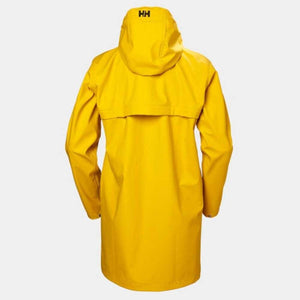 Back view of a yellow Helly Hansen hooded raincoat