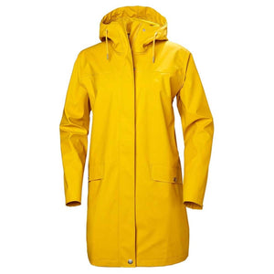 Helly Hansen yellow hooded rain jacket with front pockets and snap button closure