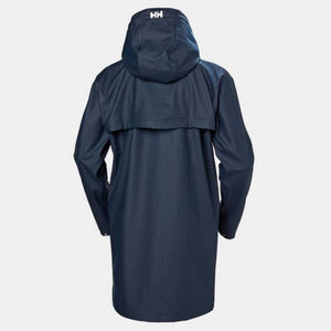 Back view of a navy blue Helly Hansen rain jacket with a hood and HH logo