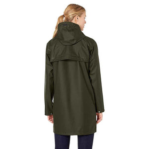 Back view of a Helly Hansen olive green hooded raincoat