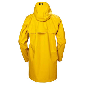 Back view of a yellow Helly Hansen hooded raincoat