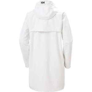 Back view of a white Helly Hansen hooded rain jacket