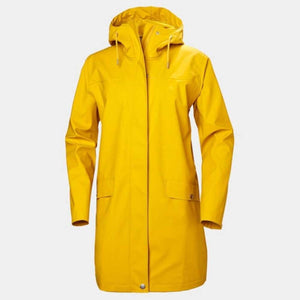 Helly Hansen yellow hooded raincoat with front pockets and snap button closure