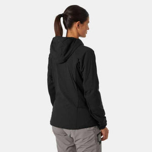 Back view of a woman wearing a black Helly Hansen hooded jacket