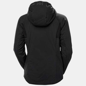 Back view of a black Helly Hansen hooded jacket